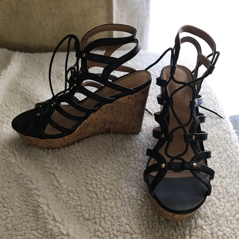 Black lace up wedges